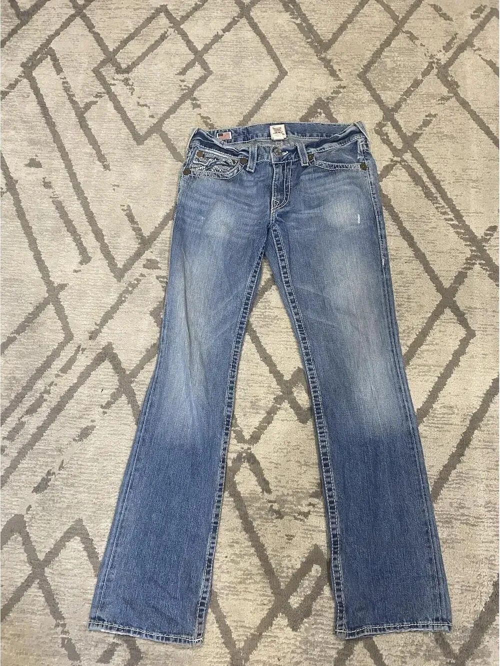 True Religion Mens Sz 33 Section Ricky Giant Big T Seat 34 Thick Stitch Jeans